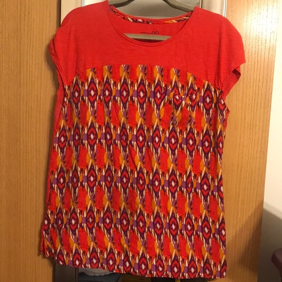 RXB size large red purple orange and yellow feather print, short sleeve blouse - Picture 1 of 7